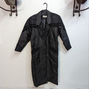 188 West Long Genuine Leather Floral Suede Vintage Western Trench Coat Black M